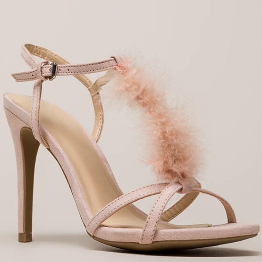 Feather/Caged Faux Suede Heels